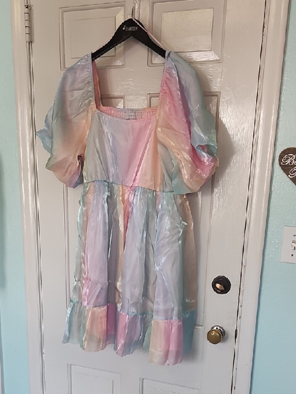 Never Worn Pastel Rainbow Midi Dress with Puff Sleeves - Picture 2 of 6